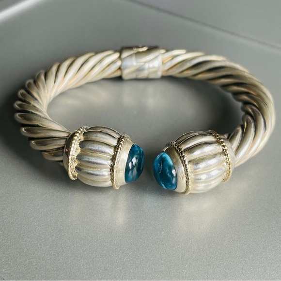 Large Blue Topaz 14k Gold & Sterling Silver 10mm Classic Cable Cuff Brac… - Picture 4 of 11